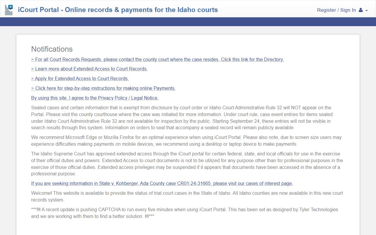 Payette County court records after arrest Idaho iCourt portal