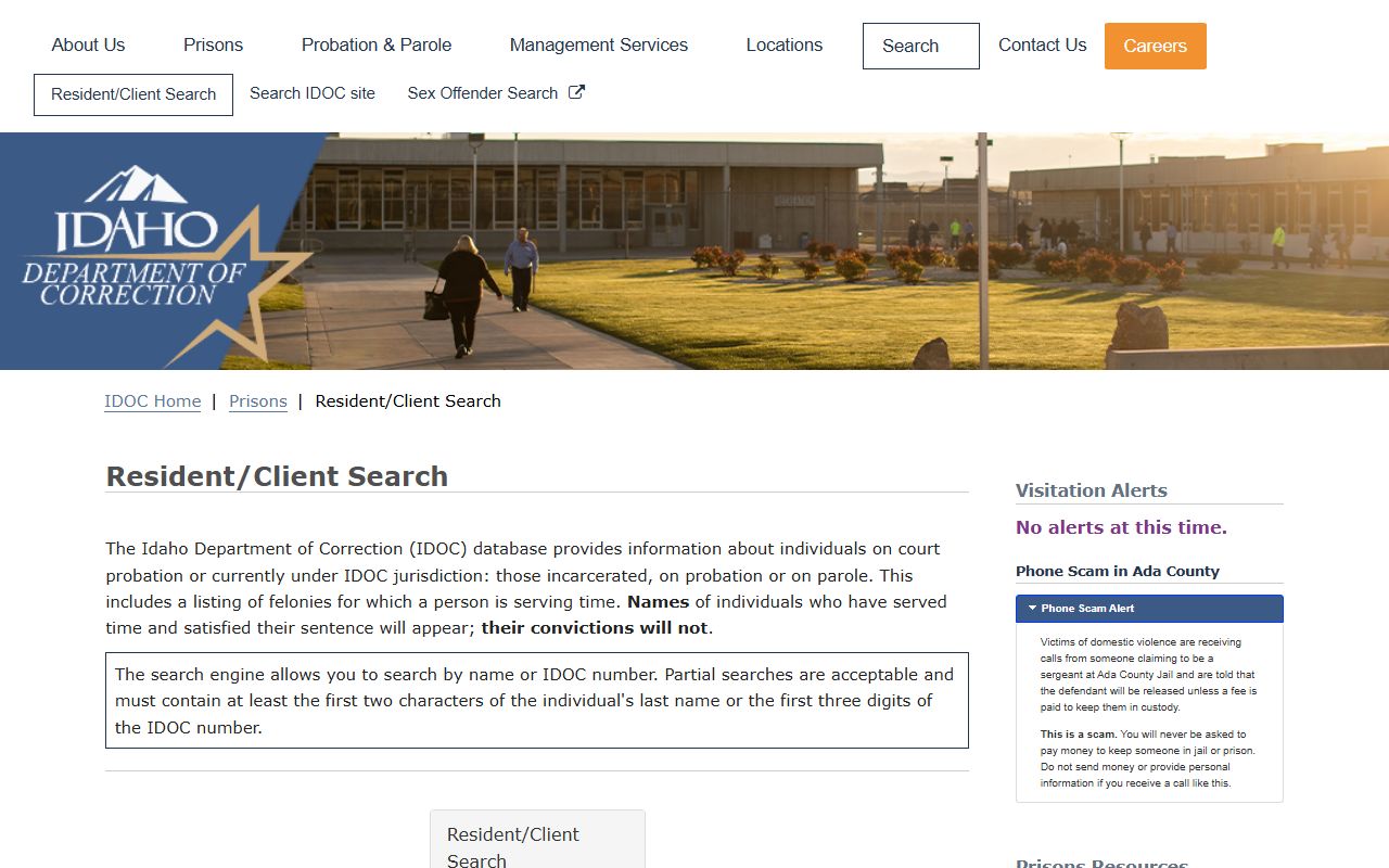 Idaho IDOC resident client search for Payette County inmate population follow-up
